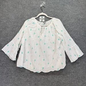 Aerie Peasant Blouse Women Large White Embroidered Tassel Bell Sleeve Boho Shirt